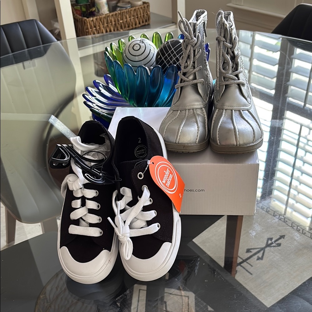 NWT Kids Black and White Sneakers and silver metallic boots worn minimally.
